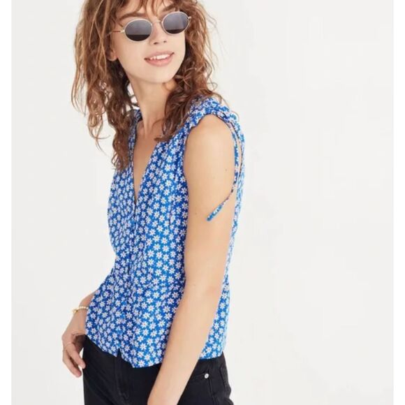 Madewell Bell Blue White Mini Daisy Pattern Tank Top Ruched Shoulder No Sz Tag - Picture 1 of 9